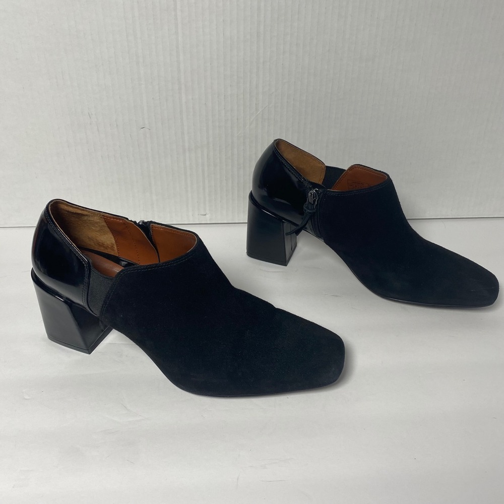 Vionic Black‎ Suede & Patent Leather Block Heel Ankle Booties Womens 7.5 Squared